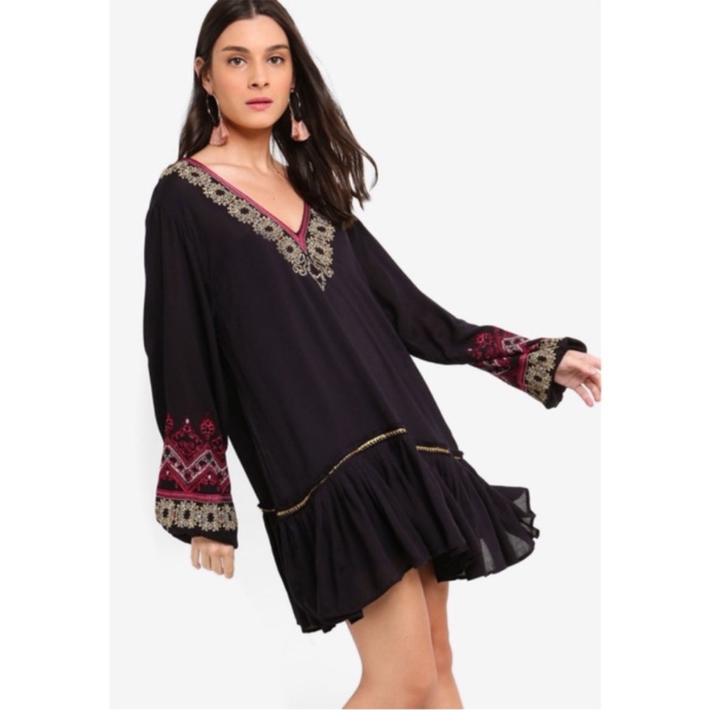 Free People Wild One Embroidered Mini Dress Long Sleeve V-Neck Black Sz XS Boho